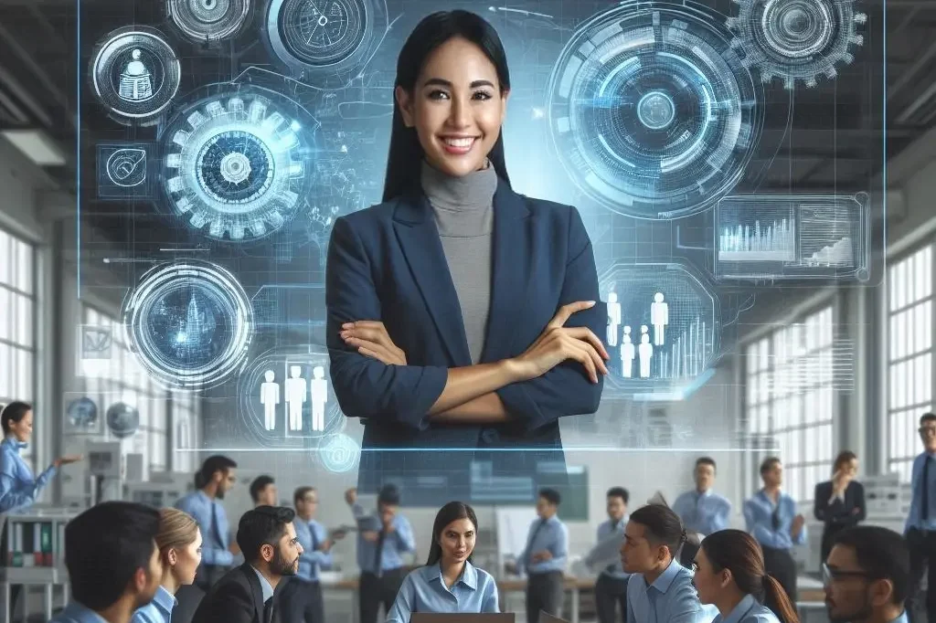 Schulungen Eine selbstbewusste Frau steht im Fokus, umgeben von Technik und Menschen in einem Schulungsraum.