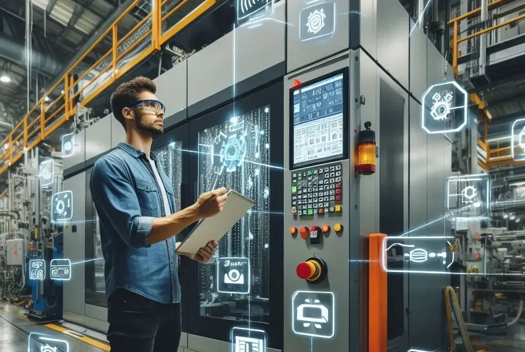 Prüfungen von Schutzeinrichtungen und Arbeitsmitteln Fachkraft mit Tablet vor einer modernen Maschine in einer Industrieumgebung.