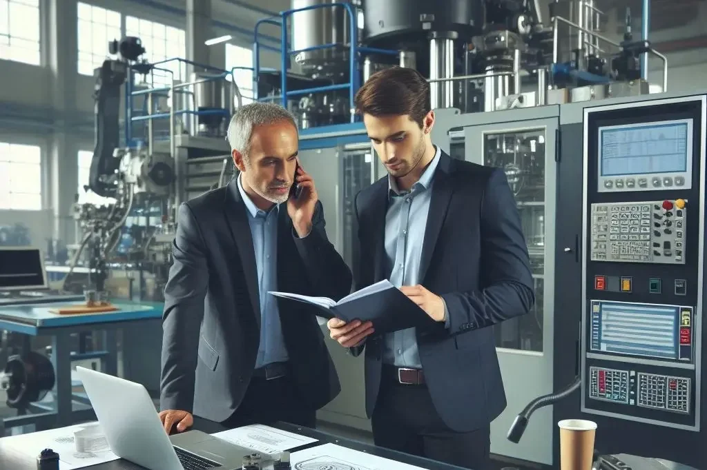 Beratung Maschinensicherheit Zwei Männer in Anzügen besprechen Unterlagen in einer modernen Fabrikhalle.