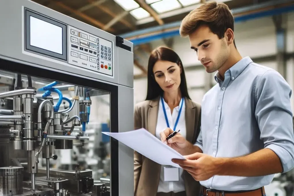 Service Dienstleistungen Zwei Fachleute überprüfen ein Dokument an einer Maschine in einer Industrieumgebung.